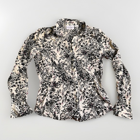 Jaclyn Smith Tops - Jaclyn Smith Classic Button Up Silk Floral Blouse Long Sleeve Size 8 Black White